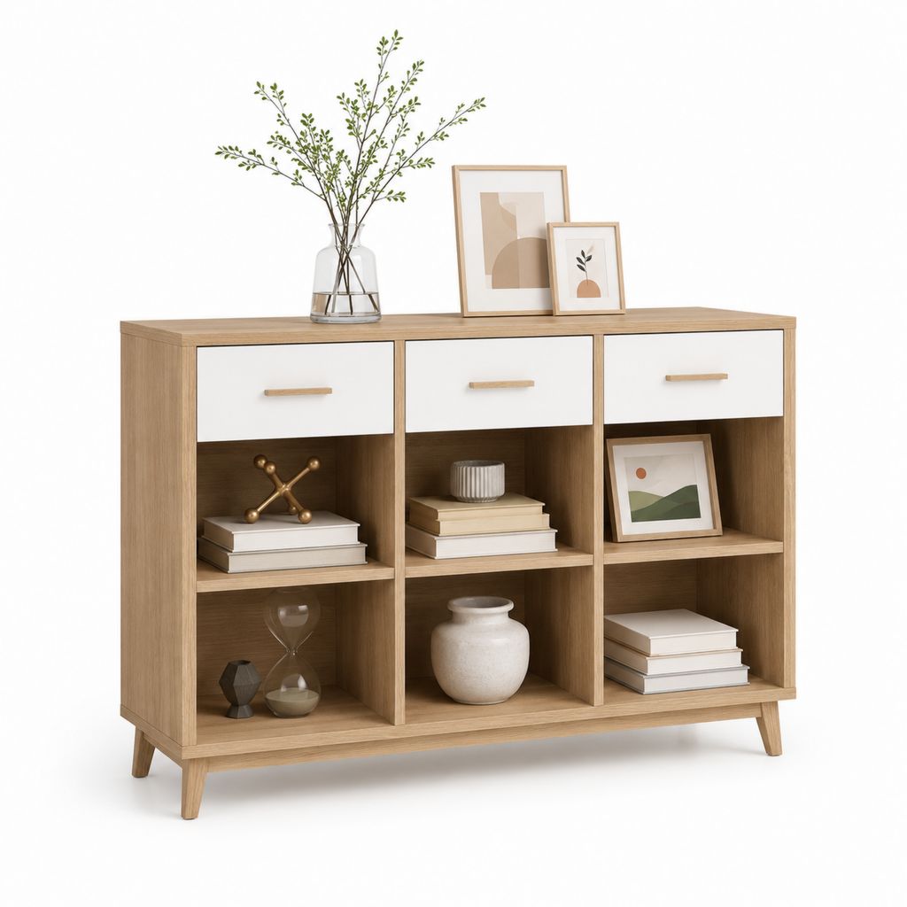 Rechteckiger Holzschmuck mit 3 Schubladen und 6 offenen Räumen, helle und weiße Eiche, 120 × 35 × 84 cm