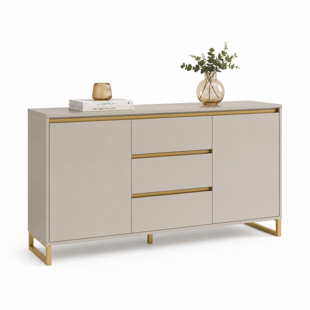 Rechteckiger Glaube aus MDF und Stahl mit 2 Türen und 3 Schubladen, Turteltaube und Gold, 140 × 40 × 80 cm