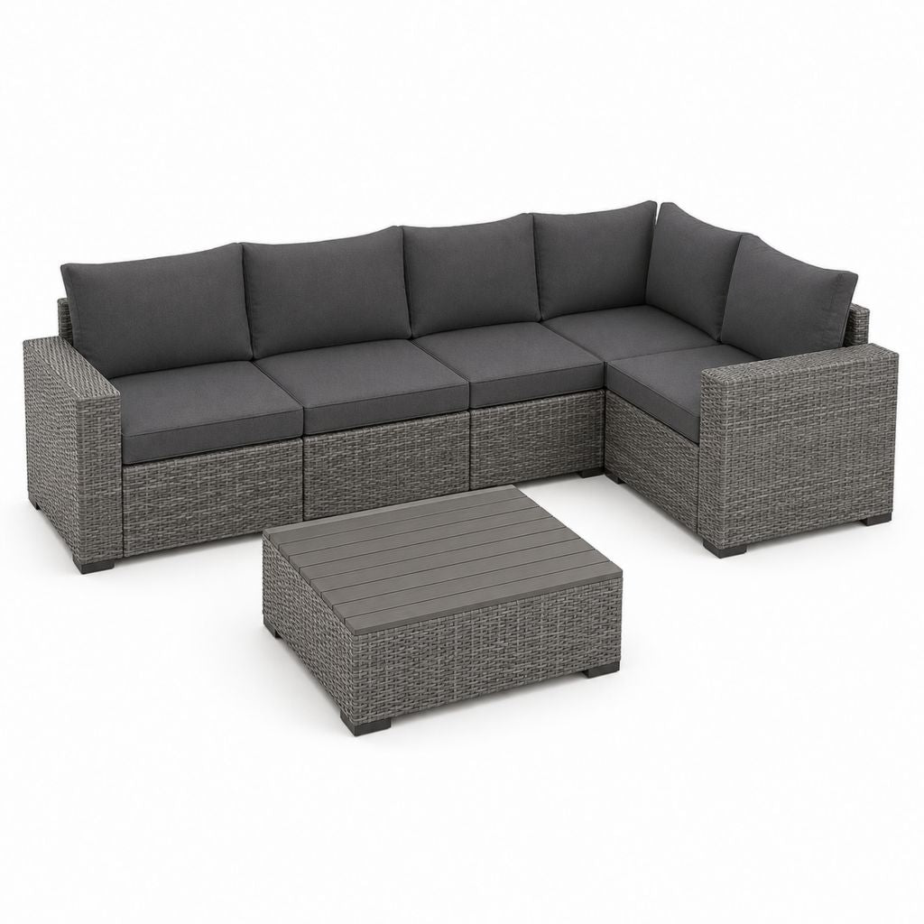 Ecksofa Set von außen bis 4 Sitze in grauem Polyrattan mit anthraziten Kissen und Couchtisch, 240 × 180 × 74 cm