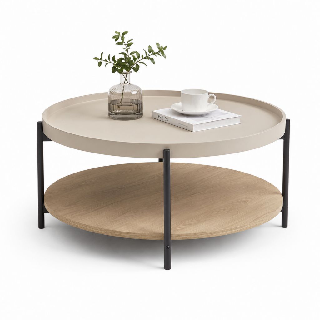 Runder Couchtisch mit 2 Regalen aus Stahl und Holz, Beige, Natur- und Schwarze Eiche, Ø 80 × 45 cm