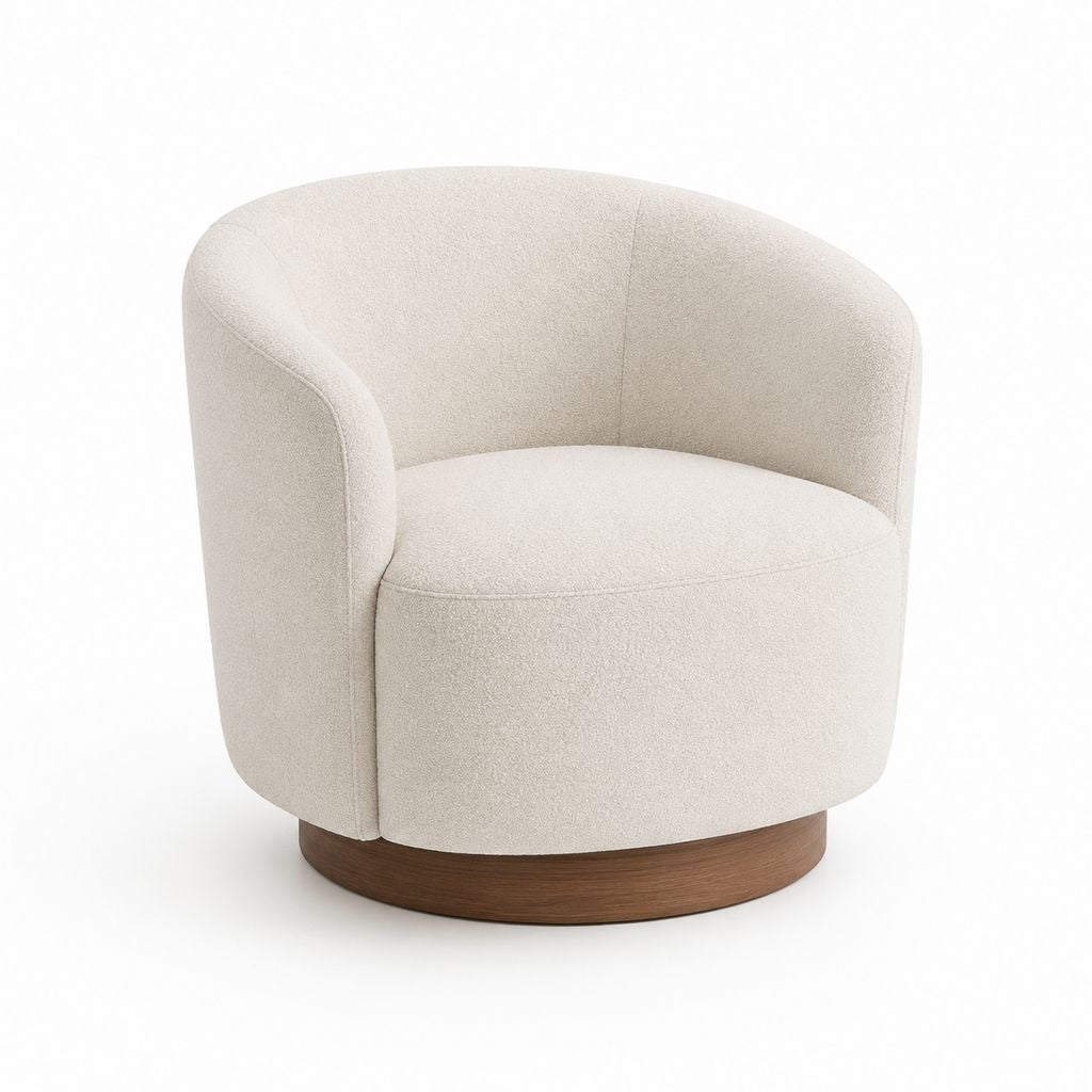 Sessel drehbar aus Stoff bouclé weiß Creme mit Holzbasis Nusseffekt, 78 × 76 × 75 cm