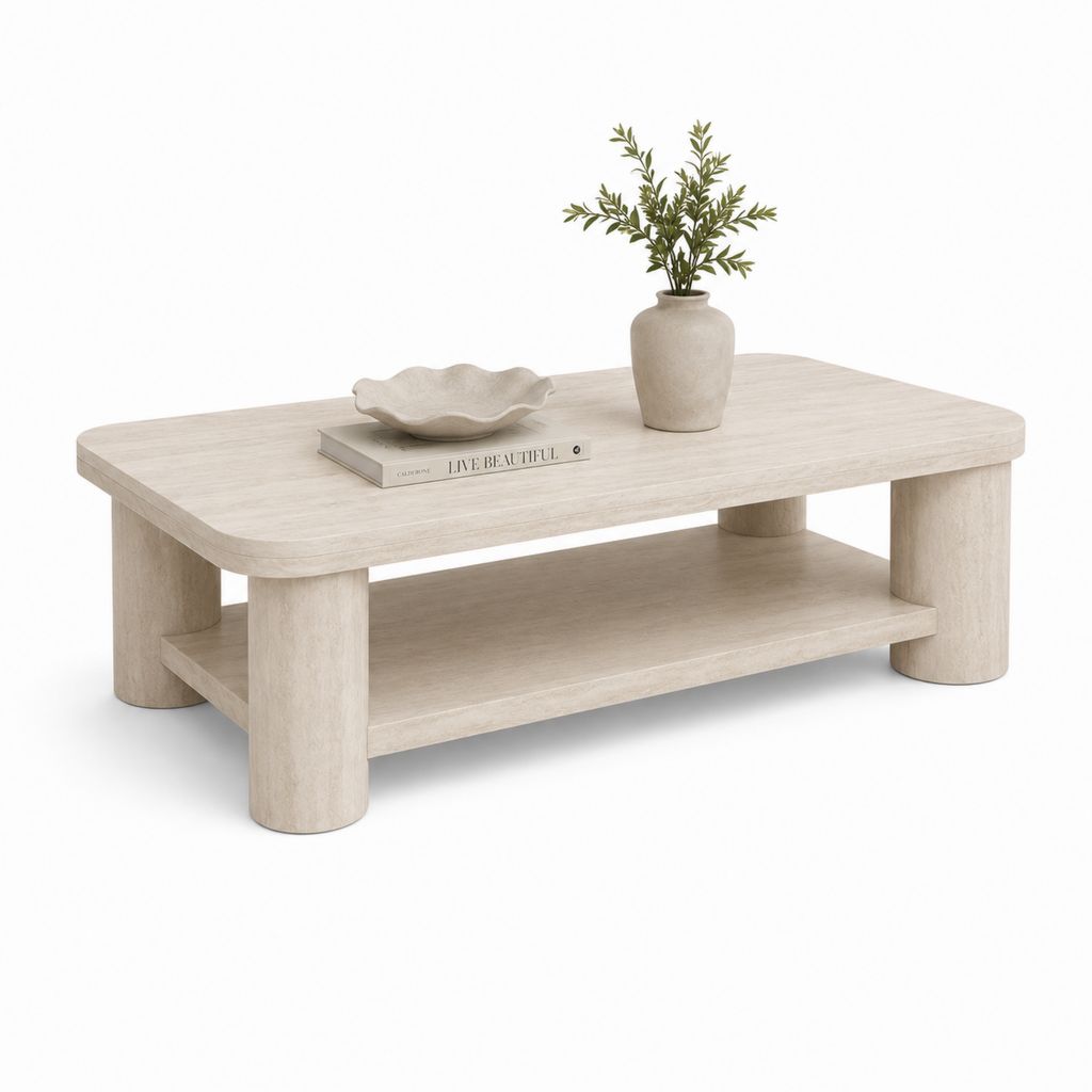 Rechteckiger Couchtisch aus MDF mit Regal, beige Travertin-Effekt, 120 × 60 × 45 cm