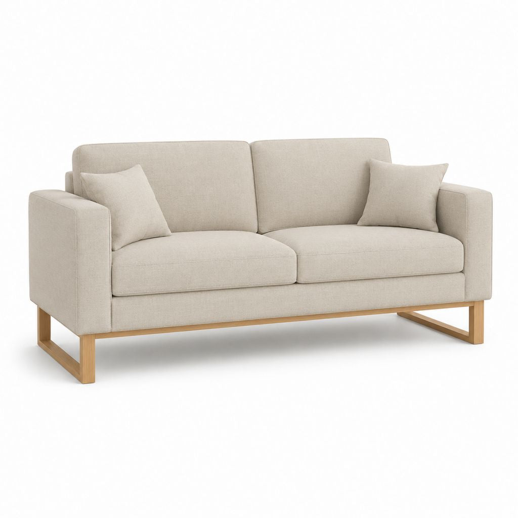 Rechteckiges Sofa mit 2 Sitzen aus beigefarbenem Stoff mit Struktur aus Holz und 2 Kissen, 180 × 82 × 83 cm