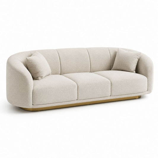 3-Sitzer gekrümmtes Sofa aus Beige-Gewebe mit goldfarbenem Stahlbett, 230 × 95 × 76 cm, mit 2 Kissen