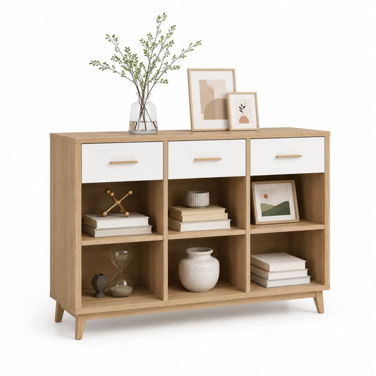 Rechteckiger Holzschmuck mit 3 Schubladen und 6 offenen Räumen, helle und weiße Eiche, 120 × 35 × 84 cm