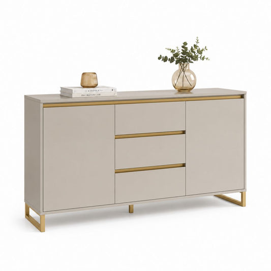 Rechteckiger Glaube aus MDF und Stahl mit 2 Türen und 3 Schubladen, Turteltaube und Gold, 140 × 40 × 80 cm