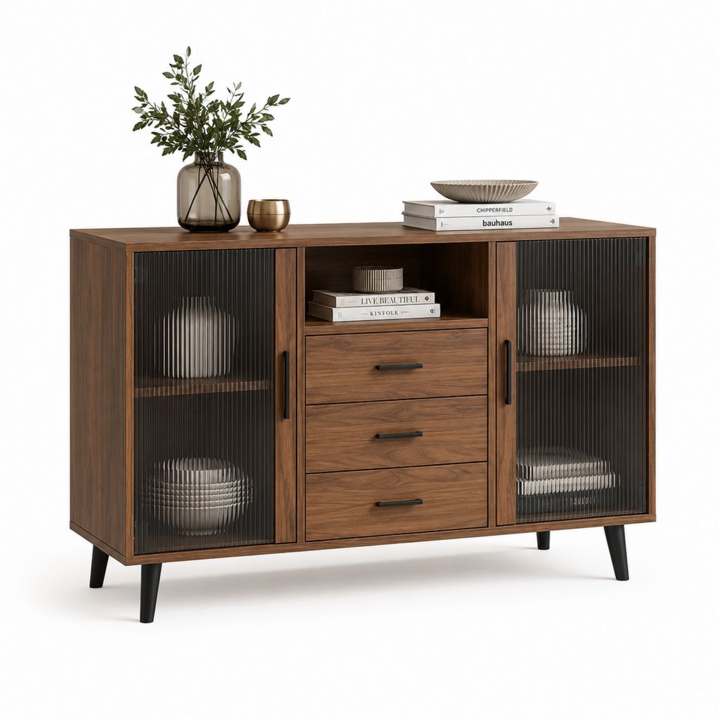 Rechteckige Buffet-Griff aus Melamin und Glas nut, Nussbaum und schwarz, 140 × 40 × 90 cm