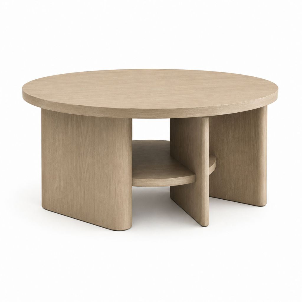 Runder Esstisch aus MDF furniert helle Eiche, Ø 80 × 45 cm, mit internem Regal