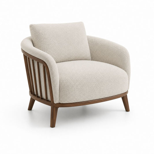 Gepolsterter Sessel aus Stoff und Holz, Elfenbein und braun Nussbaum, 88 × 82 × 79 cm