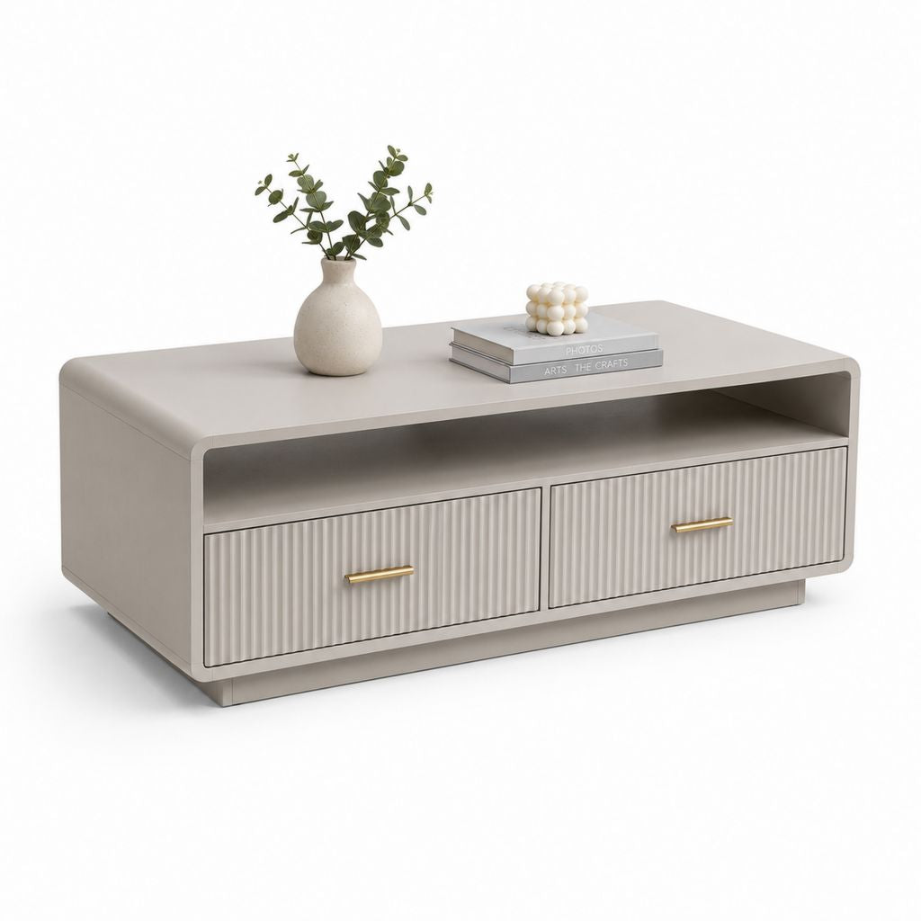Rechteckiger Couchtisch aus MDF Turteltaube und Gold mit 2 gesäumten Schubladen und offenem Fach, 120 × 60 × 45 cm