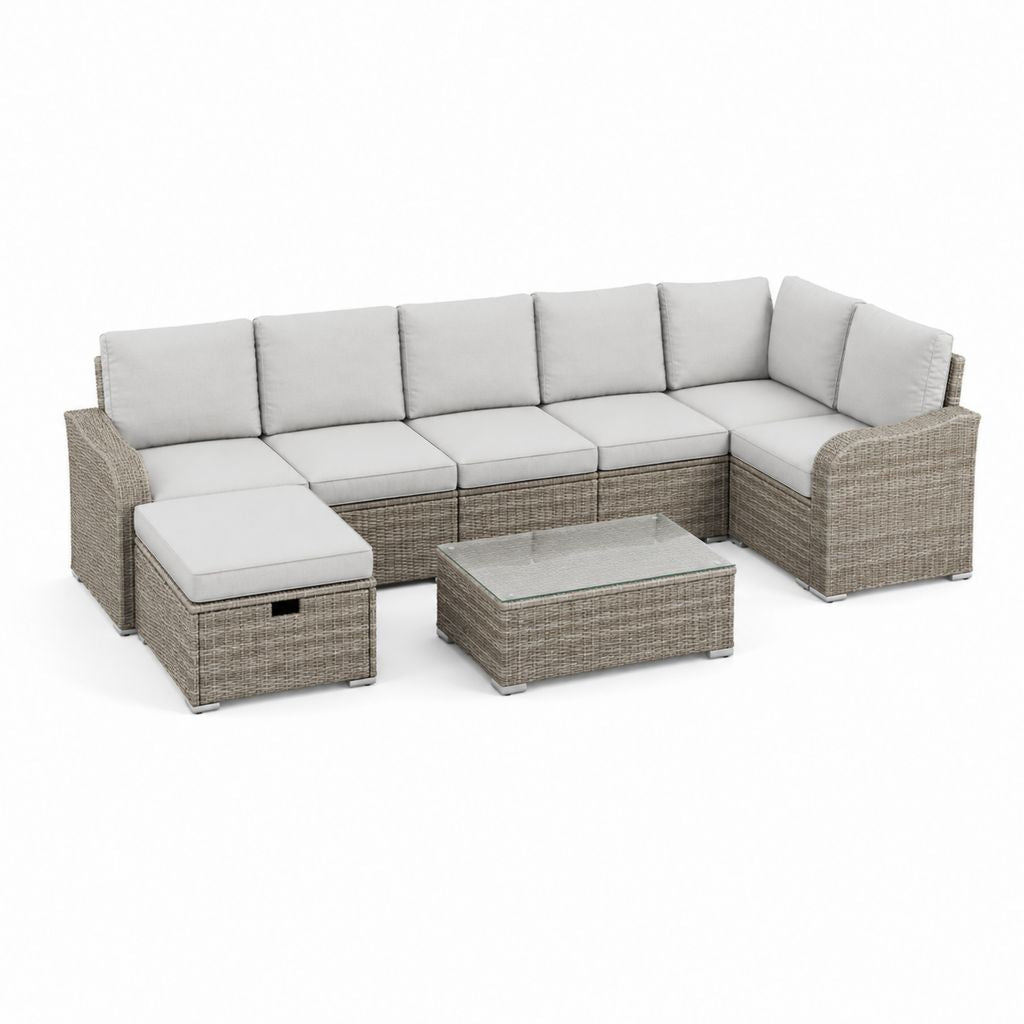Set Ecksaal von außen 6 Sitze in Rattan PE grau Turteltaube mit hellgrauen Kissen und Couchtisch, 275 × 210 × 72 cm