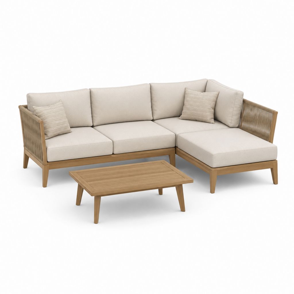3-Sitz-Garten-Set mit Halbinsel und Couchtisch, Akazienholz und beige Stoff, 226 × 154 × 72 cm