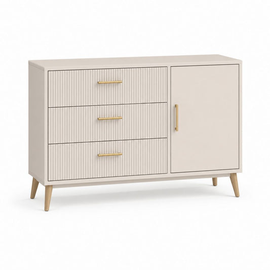 Niedriger rechteckiger Glaube aus MDF und Beige-Schränken mit 3 Schubladen und 1 Tür, 120 × 40 × 80 cm
