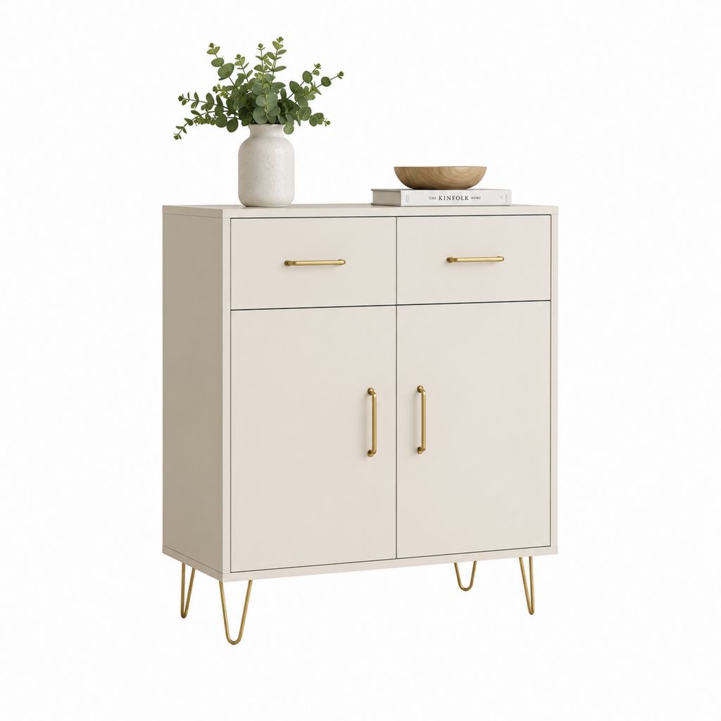 Hoch rechteckiger Glaube aus Holz und Metall beige und Gold mit 2 Türen und 2 Schubladen, 80 × 35 × 100 cm