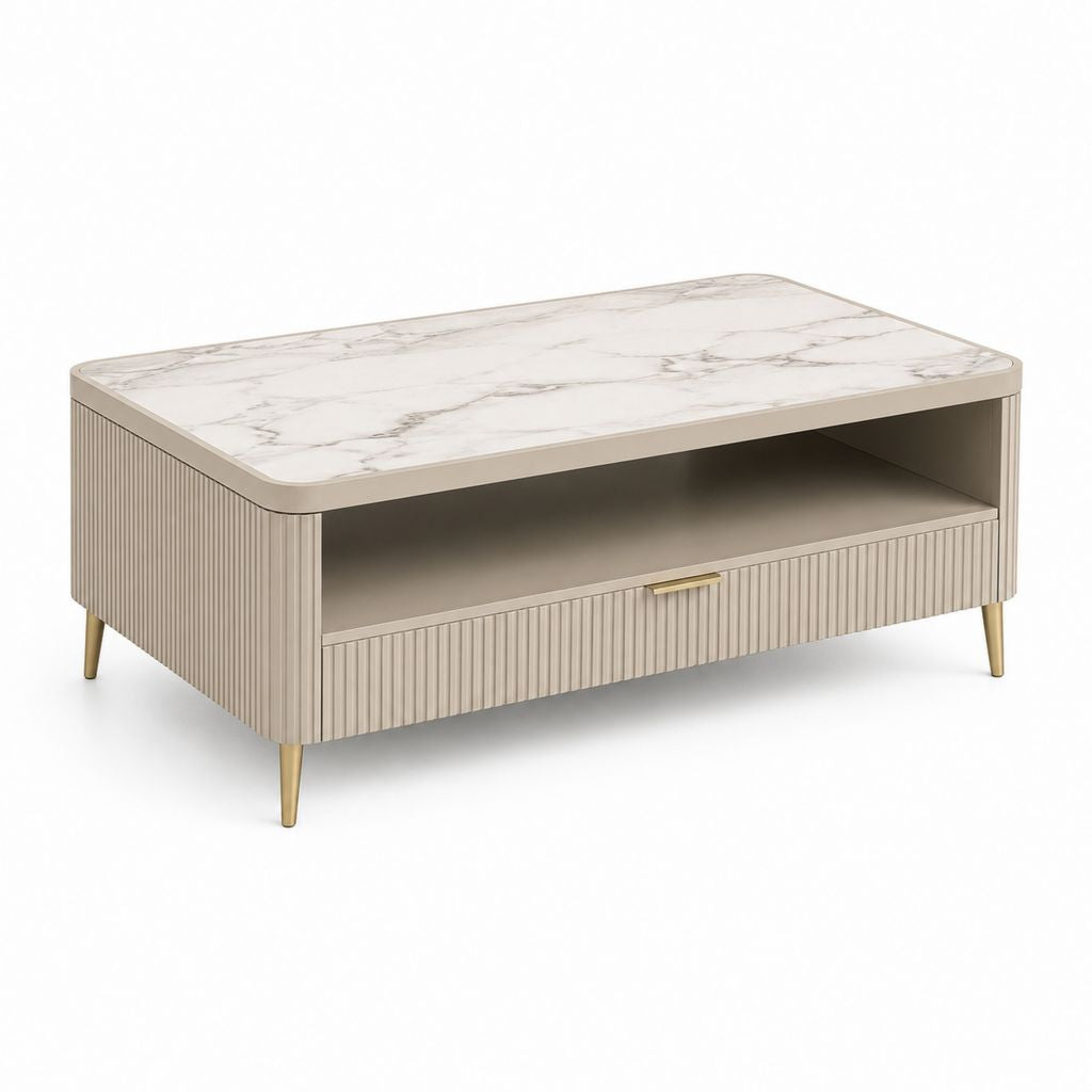 Rechteckiger Couchtisch aus MDF-Laminat und Metall mit Schublade und offenem Fach, Turm, weißer Marmor- und Goldeffekt, 100 × 60 × 45 cm