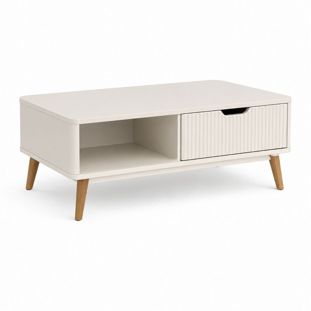 Rechteckiger Couchtisch aus weißem Holz Creme und Eiche mit Schublade und offenem Fach, 100 × 55 × 45 cm