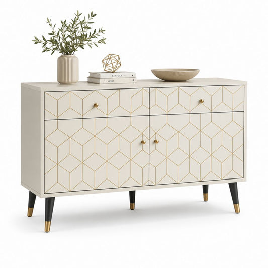 Rechteckiger Holzschatz mit 2 Schubladen und 2 Türen, beige, schwarz und vergoldet, 120 × 40 × 80 cm