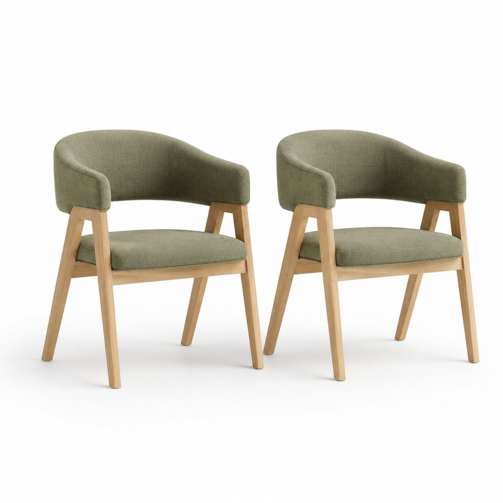 Set aus 2 Sesseln aus Polyester und Holz mit gekrümmter Rückenlehne, olivgrün und Eiche natur, 57 × 58 × 77 cm