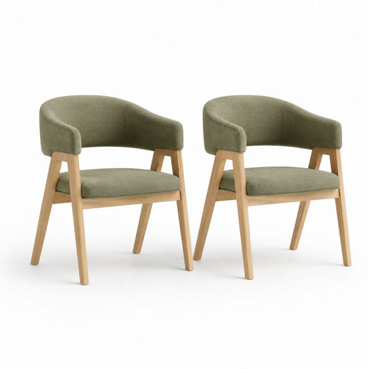 Set aus 2 Sesseln aus Polyester und Holz mit gekrümmter Rückenlehne, olivgrün und Eiche natur, 57 × 58 × 77 cm