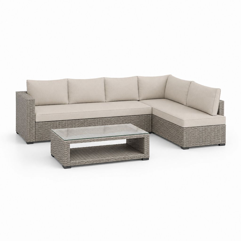 Eckgarten-Set in L in polyrattan PE grau Turtle mit Beige Couchtisch und Kissen, Sofa 252 × 190 × 85 cm