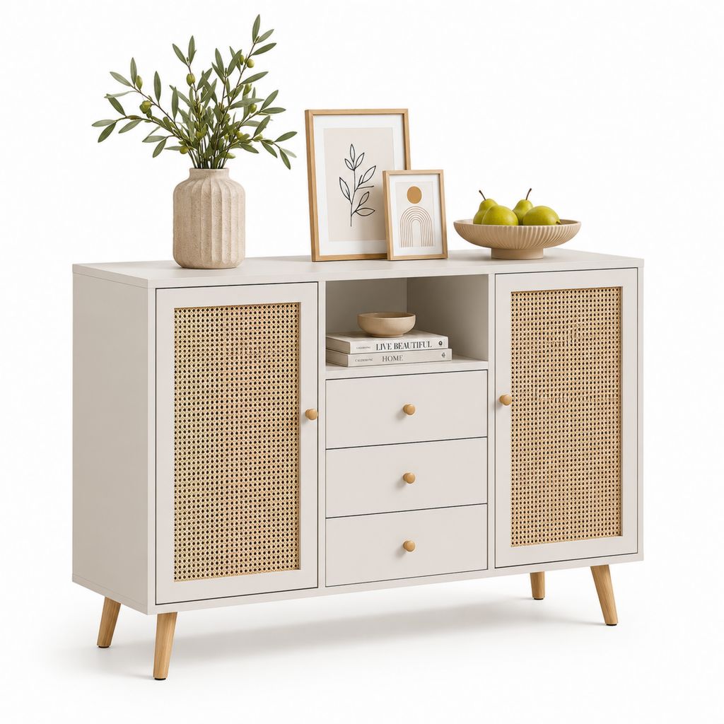 Beige Schrank aus Holz und Rattan mit 2 Türen, 3 Schubladen und offenem Fach, 120 × 40 × 90 cm