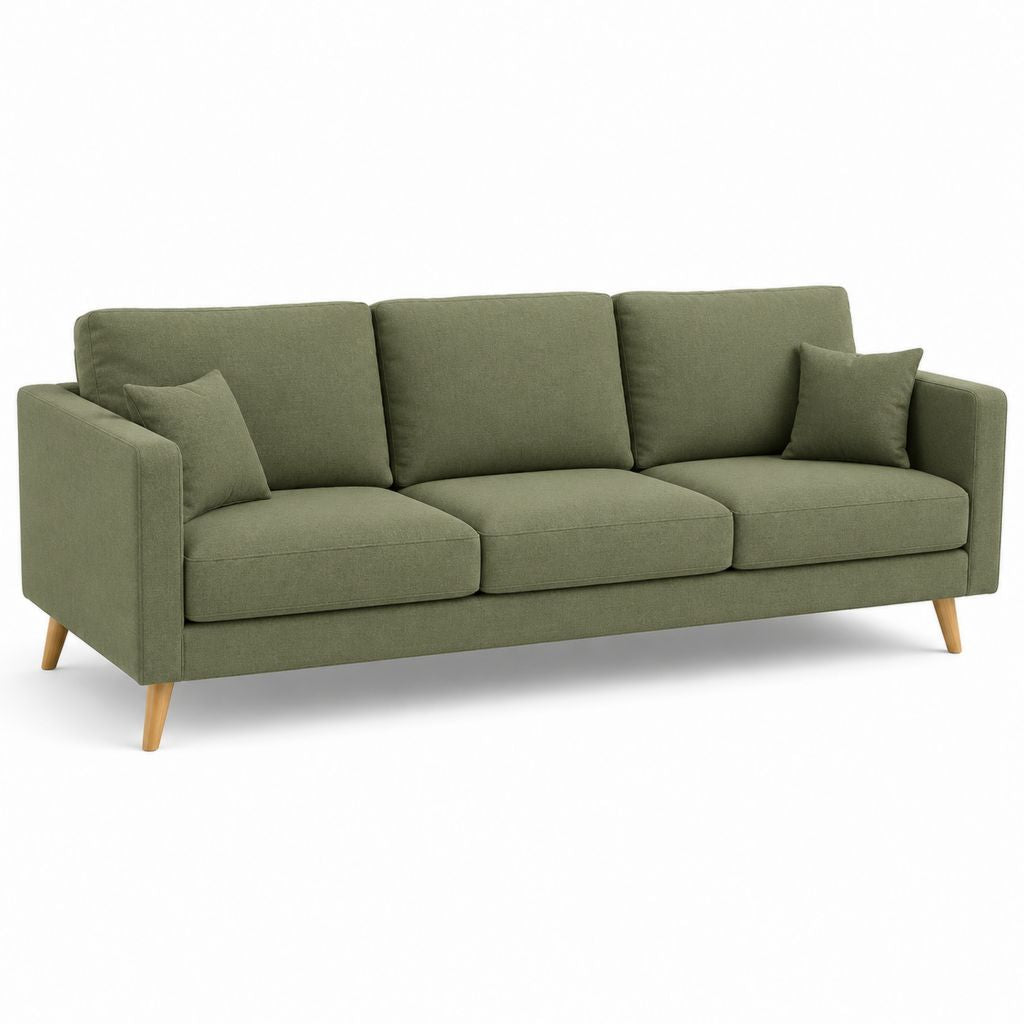 Rechteckiges 3-Sitzer-Sofa aus olivgrünem Stoff mit Holzbeinen, 200 × 82 × 84 cm