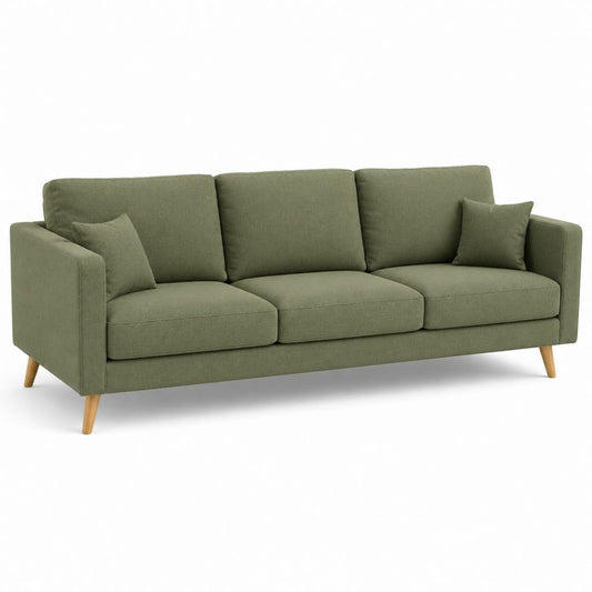 Rechteckiges 3-Sitzer-Sofa aus olivgrünem Stoff mit Holzbeinen, 200 × 82 × 84 cm