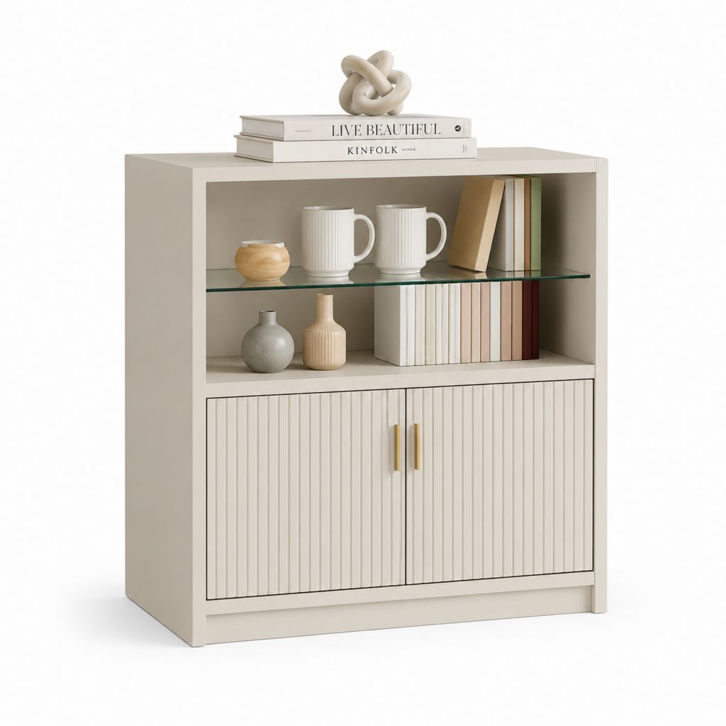 Beige Schrank mit 2 Türen und Regal aus Glas, MDF-Panel, 90 × 35 × 100 cm