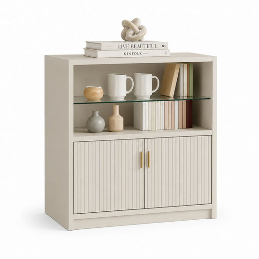 Beige Schrank mit 2 Türen und Regal aus Glas, MDF-Panel, 90 × 35 × 100 cm