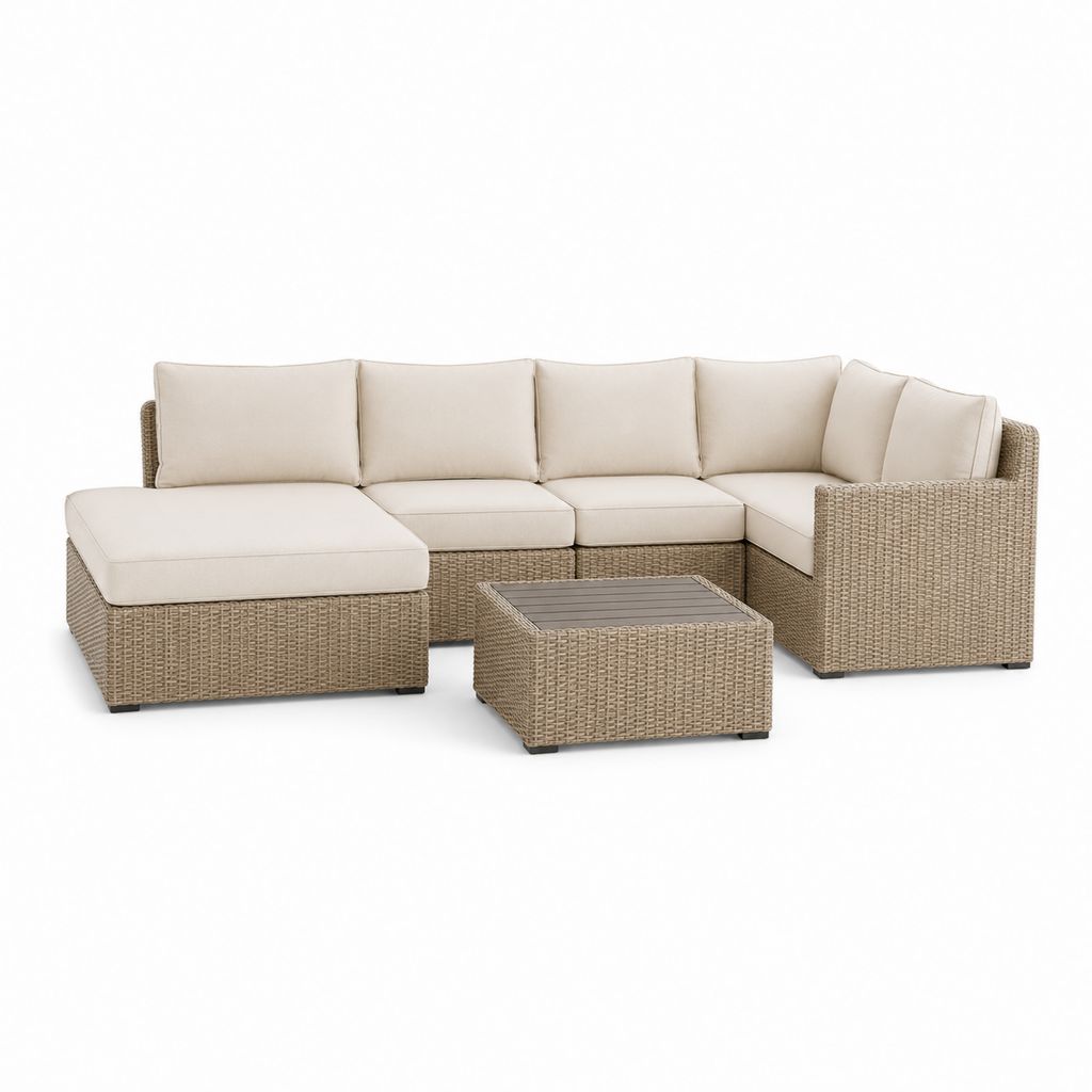Set modulare Ecksofa aus außen 5 Stücke in beige PE Rattan mit Kissen Creme und Couchtisch, 270 × 150 × 75 cm