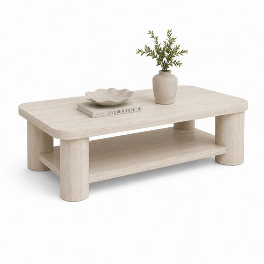 Rechteckiger Couchtisch aus MDF mit Regal, beige Travertin-Effekt, 120 × 60 × 45 cm