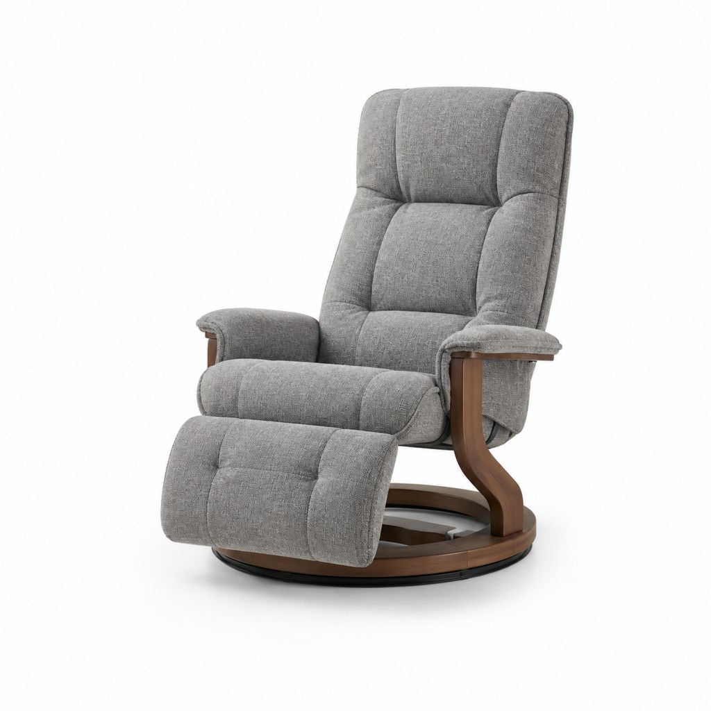 Drehbarer Sessel aus Stoff und Holz, grau und braun, mit Fußstütze, 82 × 86 × 108 cm