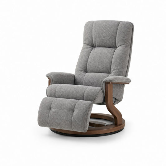 Drehbarer Sessel aus Stoff und Holz, grau und braun, mit Fußstütze, 82 × 86 × 108 cm