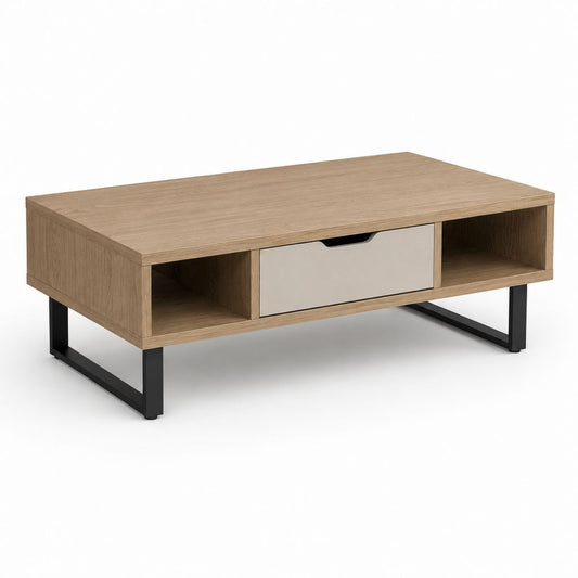 Rechteckiger Couchtisch mit Schublade und 2 Zimmern, Eiche natur, beige und schwarz, 100 × 50 × 40 cm