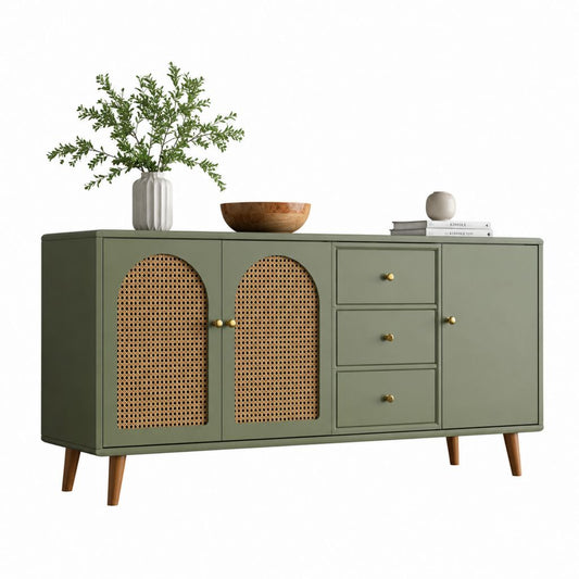Sideboard aus MDF und Rattan in Olivgrün mit 3 Türen und 3 Schubladen, 160 × 40 × 80 cm