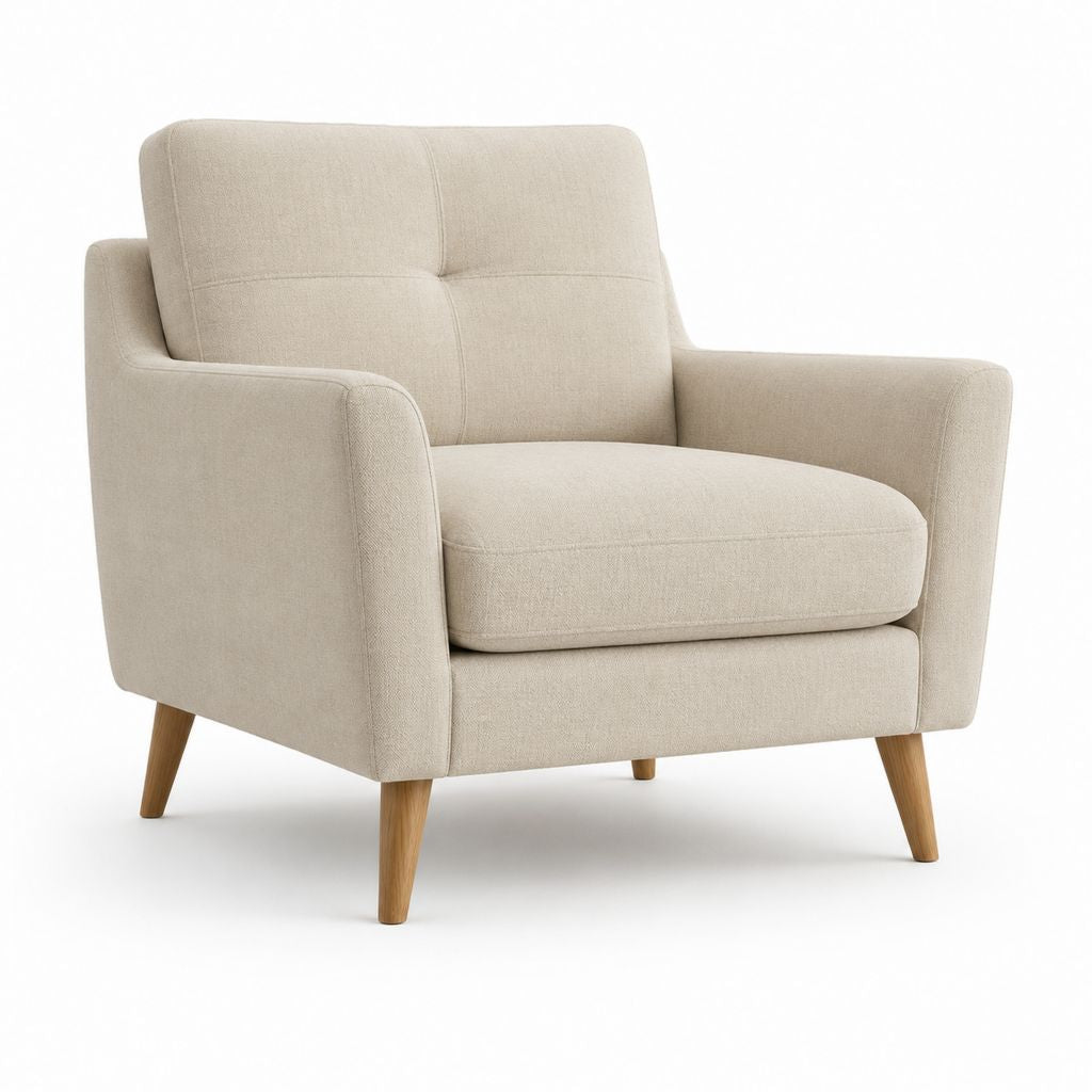 Polstersessel aus beigefarbenem Stoff mit Armlehnen und Beinen aus Holz, 88 × 86 × 87 cm