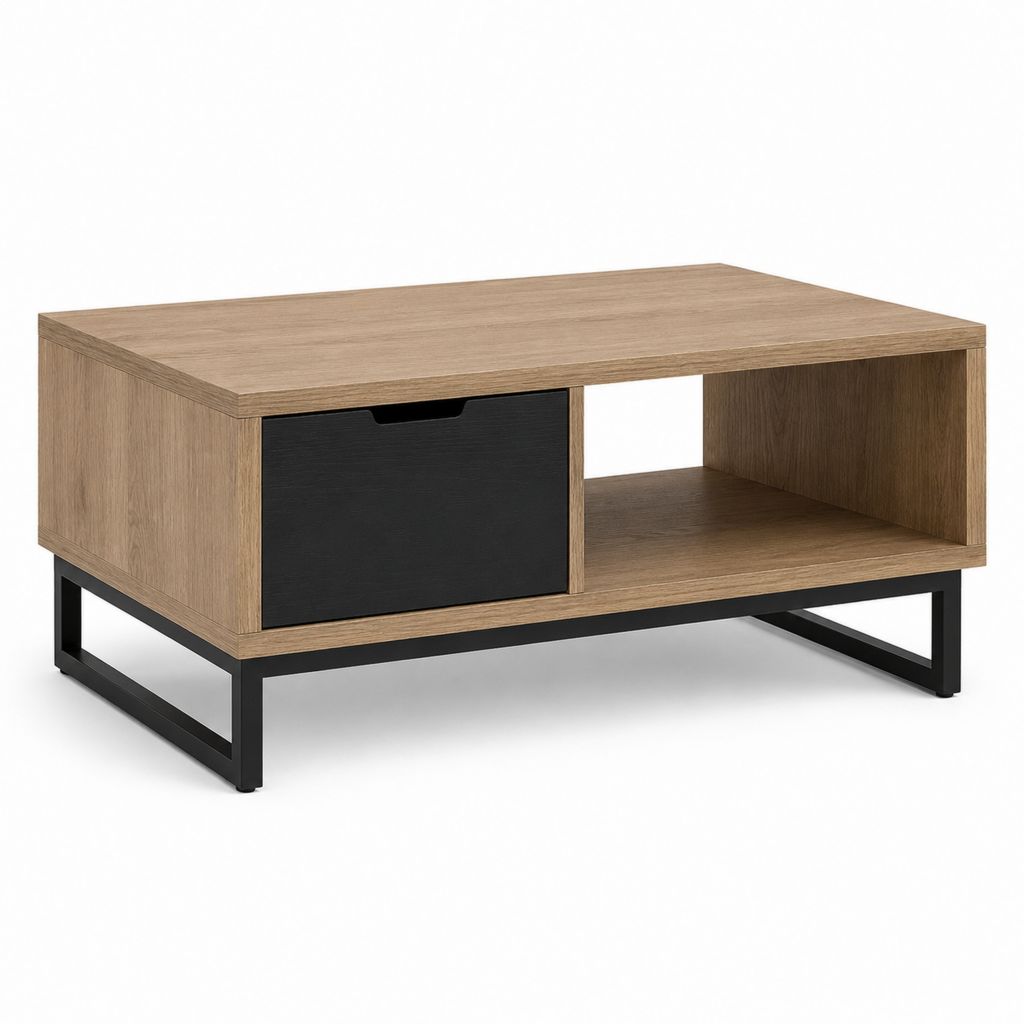 Rechteckiger Couchtisch mit Holz- und Metallbehälter, Eiche braun und schwarz, 100 × 60 × 45 cm