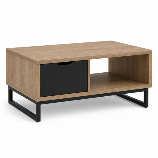 Rechteckiger Couchtisch mit Holz- und Metallbehälter, Eiche braun und schwarz, 100 × 60 × 45 cm